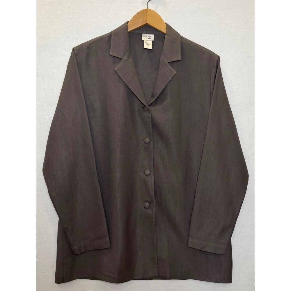Eileen Fisher Sz MD Dark Taupe Grey/Brown Twill Weave Silk Unlined Shirt Jacket